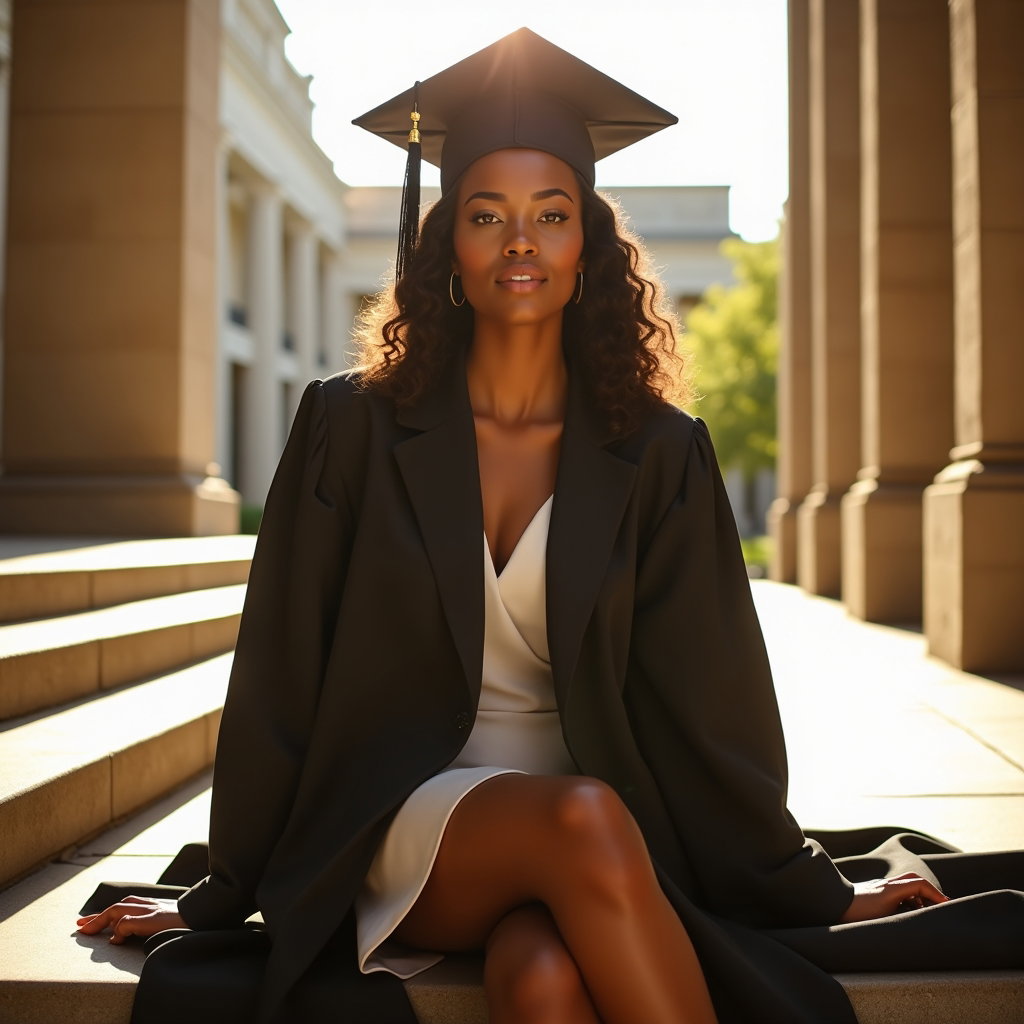 AI-generated photo: Photorealistic editorial portrait, a dreamy sunlit graduate portrait on broad library steps washed i...