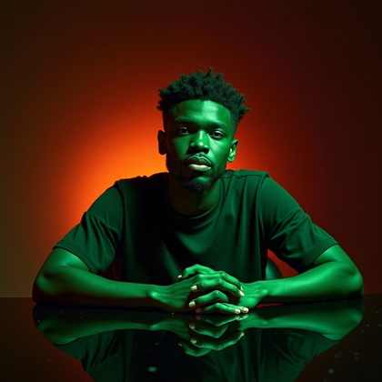 AI-generated photo: Photorealistic studio portrait photograph. The subject is seated at a small table covered in reflect...