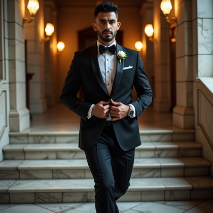 AI-generated photo: Photorealistic wedding portrait photograph on a grand marble staircase inside a historic venue, the ...