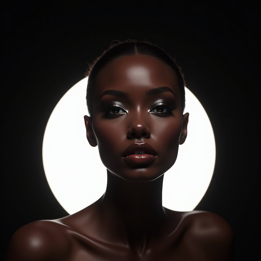 AI-generated photo: Photorealistic high-end beauty portrait, three-quarter close-up showing the head and upper shoulders...