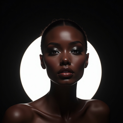 AI-generated photo: Photorealistic high-end beauty portrait, three-quarter close-up showing the head and upper shoulders...