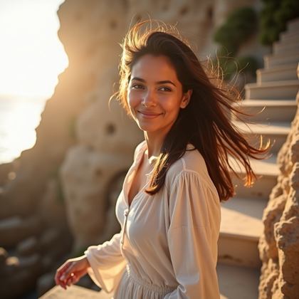 Golden Hour Cliffside Portraits Over the Coast example: Photorealistic portrait photography, motion portrait of the subject walking along ancient stone steps carved into the cl