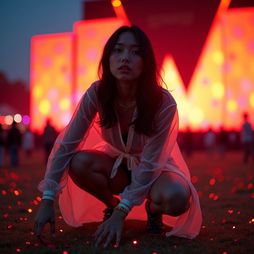 Neon Night Main Stage Silhouette example: Photorealistic festival portrait photography. Full-body portrait in a low crouch at the edge of a glowing festival field