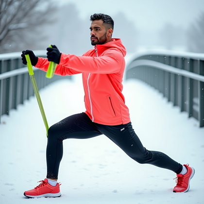 AI-generated photo: Photorealistic fitness portrait: on a snow-dusted pedestrian bridge fading into pure white, the subj...