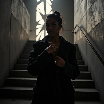 AI-generated photo: Photorealistic location portrait on a concrete stairwell landing with a shattered-glass gobo project...