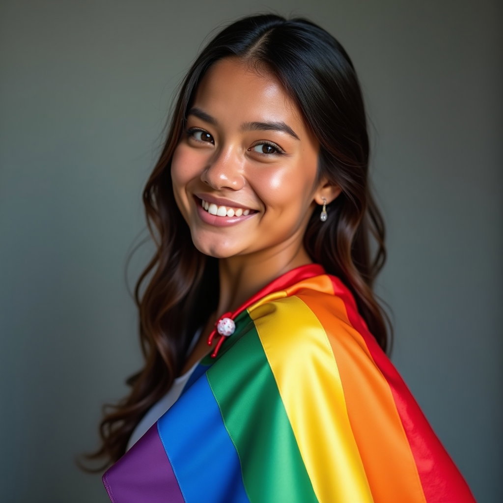 Rainbow Flag Cape Hero Portraits example: Photorealistic portrait photography. Profile/avatar crop with the subject facing slightly off-center but keeping the ful