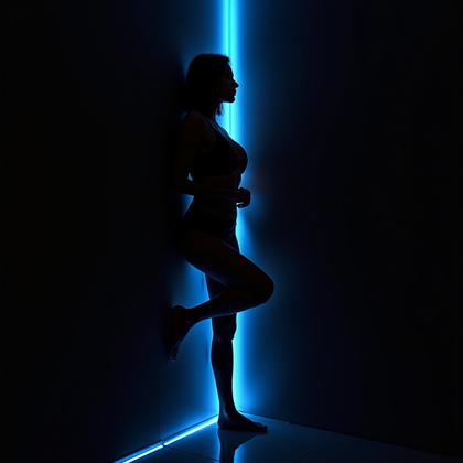 AI-generated photo: Photorealistic studio portrait photography. Full-body, vertical semi-silhouette set in a dark studio...
