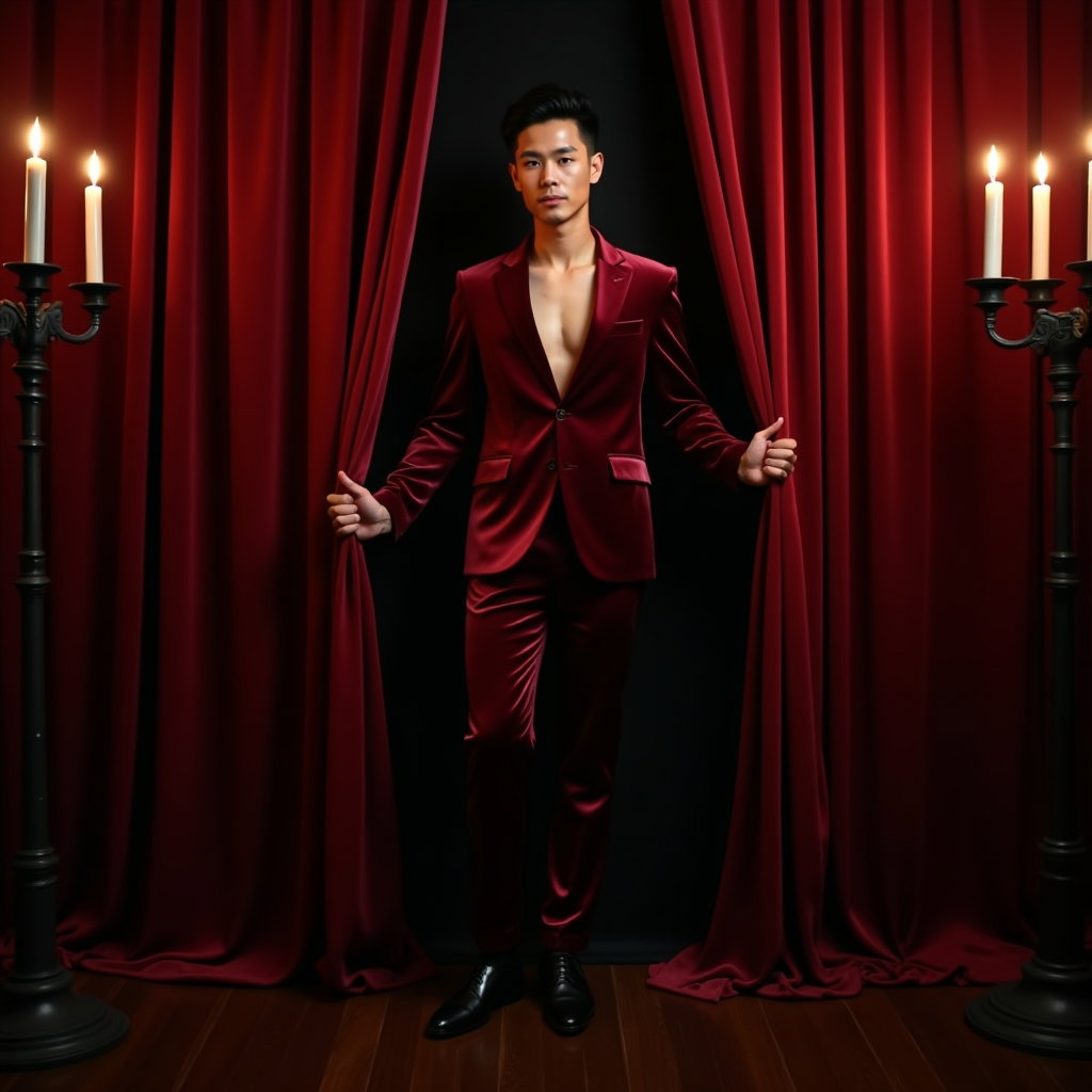 Candlelit Velvet Close-Up example: Dating profile photo, full-body portrait standing between heavy velvet curtains in a candlelit room, one hand lightly ho