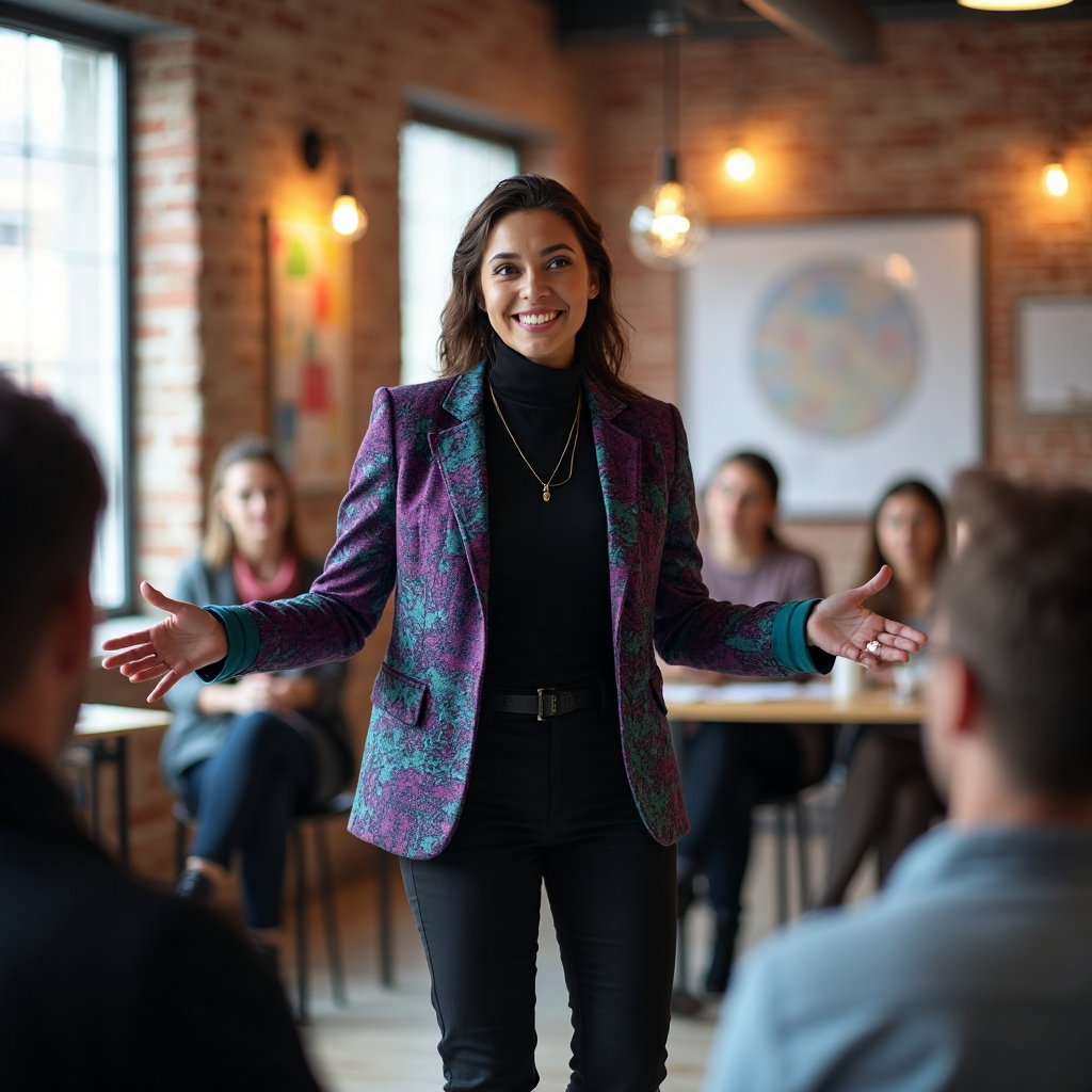 AI-generated photo: LinkedIn photo depicting a vibrant young woman leading an interactive session at a creative industry...