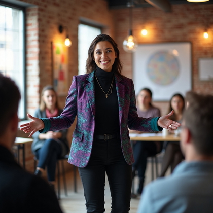 AI-generated photo: LinkedIn photo depicting a vibrant young woman leading an interactive session at a creative industry...