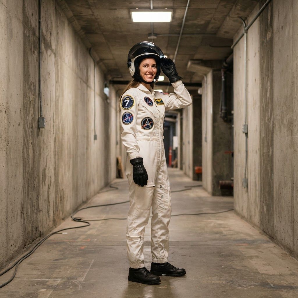 Astronaut in a Concrete Corridor: Head-to-toe photo in a raw concrete corridor with evenly spaced ceiling lights.
