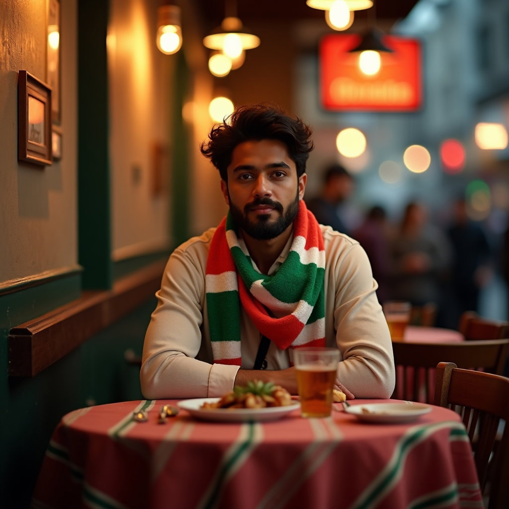 Heritage and Diaspora World Cup Fan Portraits example: Photorealistic environmental portrait photography. A single fan sits at a small café table decorated for a football watc