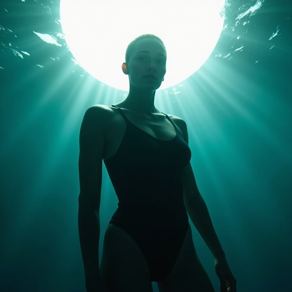 AI-generated photo: Photorealistic underwater portrait photography, a confident subject in a sleek swimsuit hovering jus...