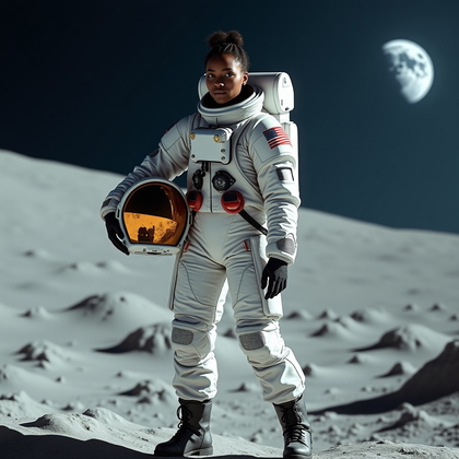 AI-generated photo: Photorealistic sci-fi portrait photography. A commanding moon base exterior portrait staged on a rid...