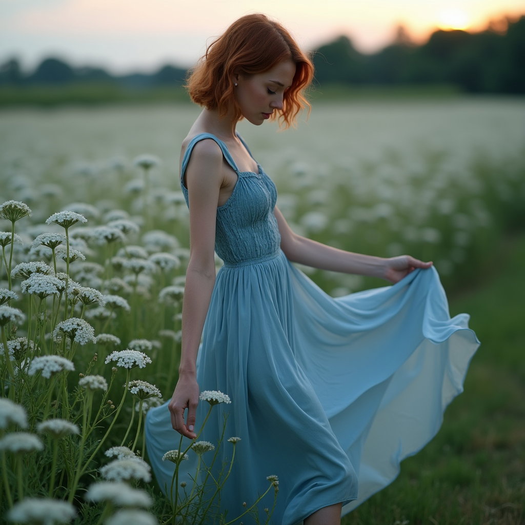 Demi-tour dans la prairie : demi-tour vertical et cinématographique dans une prairie, au bord d’un champ de carottes sauvages en fleurs, avec une seule personne visible cadrée de la tête jusqu’au-dessous des genoux, pivotant…