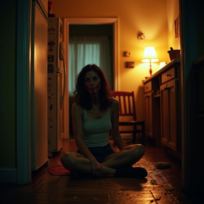 Blood-Streaked Final Girl Close-Up example: Cinematic horror portrait photo, environmental portrait of a survivor sitting on the floor of a dimly lit kitchen after