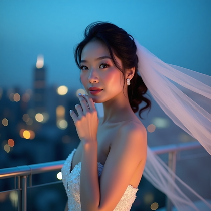 AI-generated photo: Photorealistic wedding photography. Rooftop at blue hour with a city skyline of bokeh lights, the br...