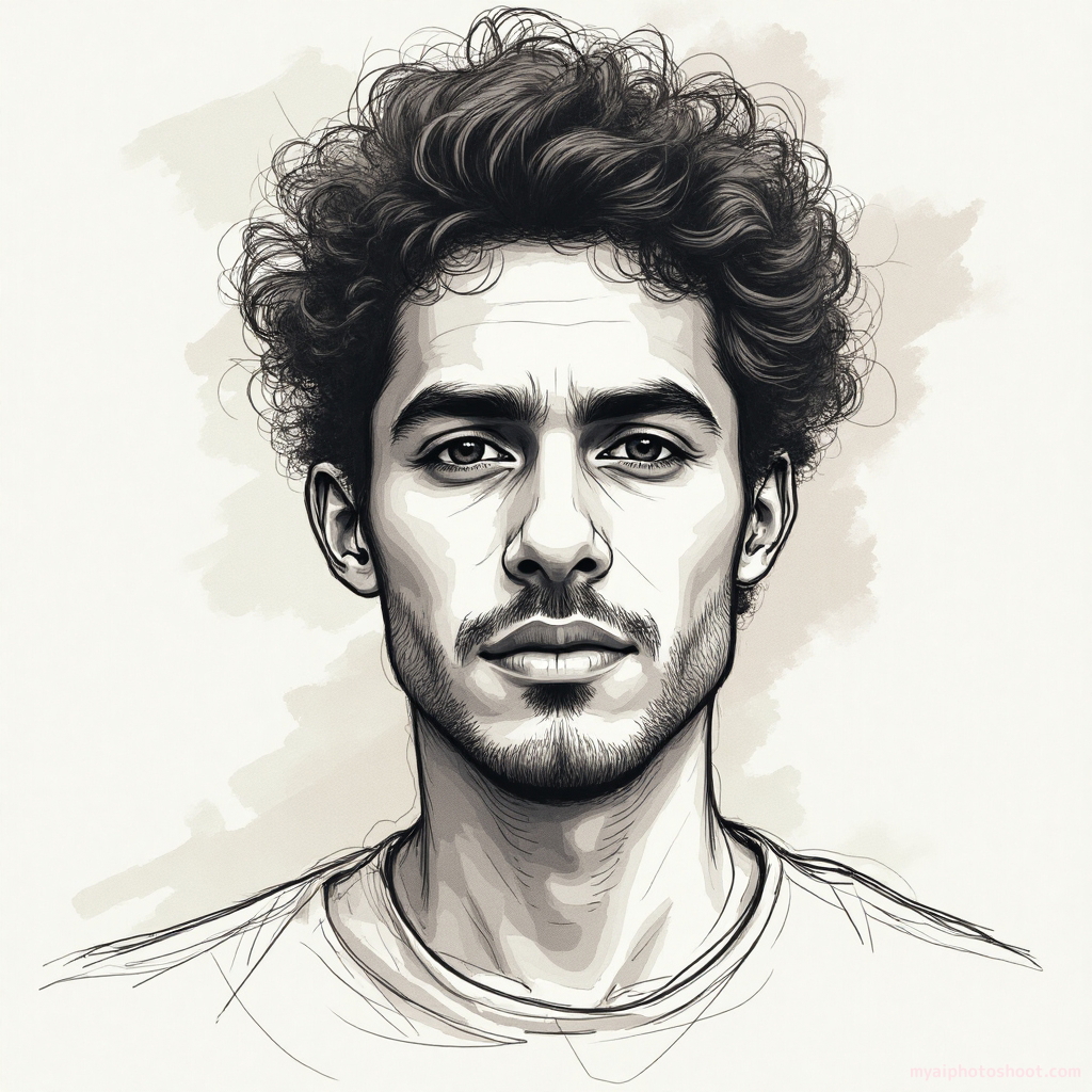Line Art Drawing. Design a soft focus portrait where the subject's features are defined by elegant, curvilinear strokes that flow seamlessly into the background. The use of soft, overlapping lines conveys a sense of movement and grace. Subtle shading achieved through delicate stippling techniques adds dimension to the subject's facial features, while a gentle wash of color in the backdrop enhances the tranquil atmosphere.