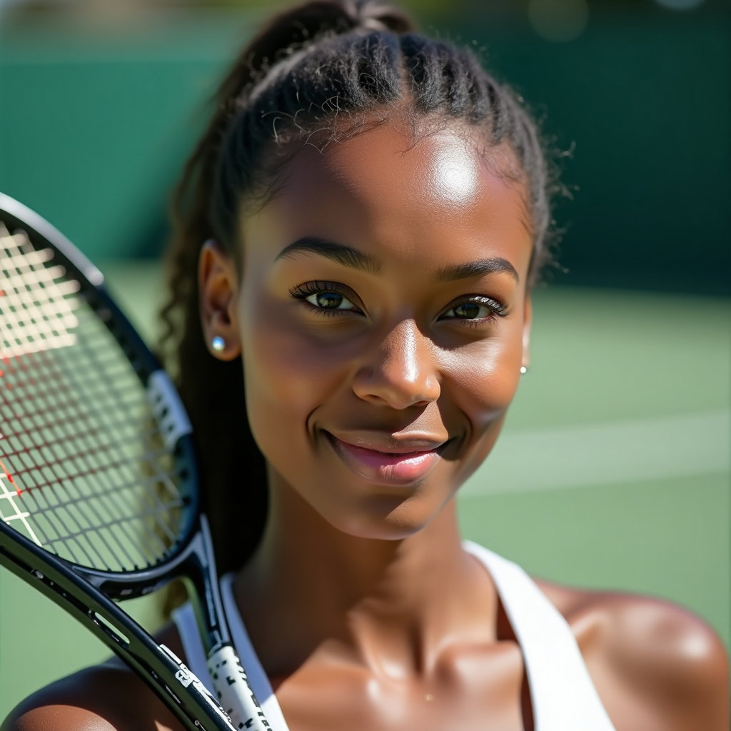 Confident Racket-Over-Shoulder Hero Portraits example: Photorealistic close-up portrait photography. Frame the subject from the shoulders up with a tennis racket resting diago