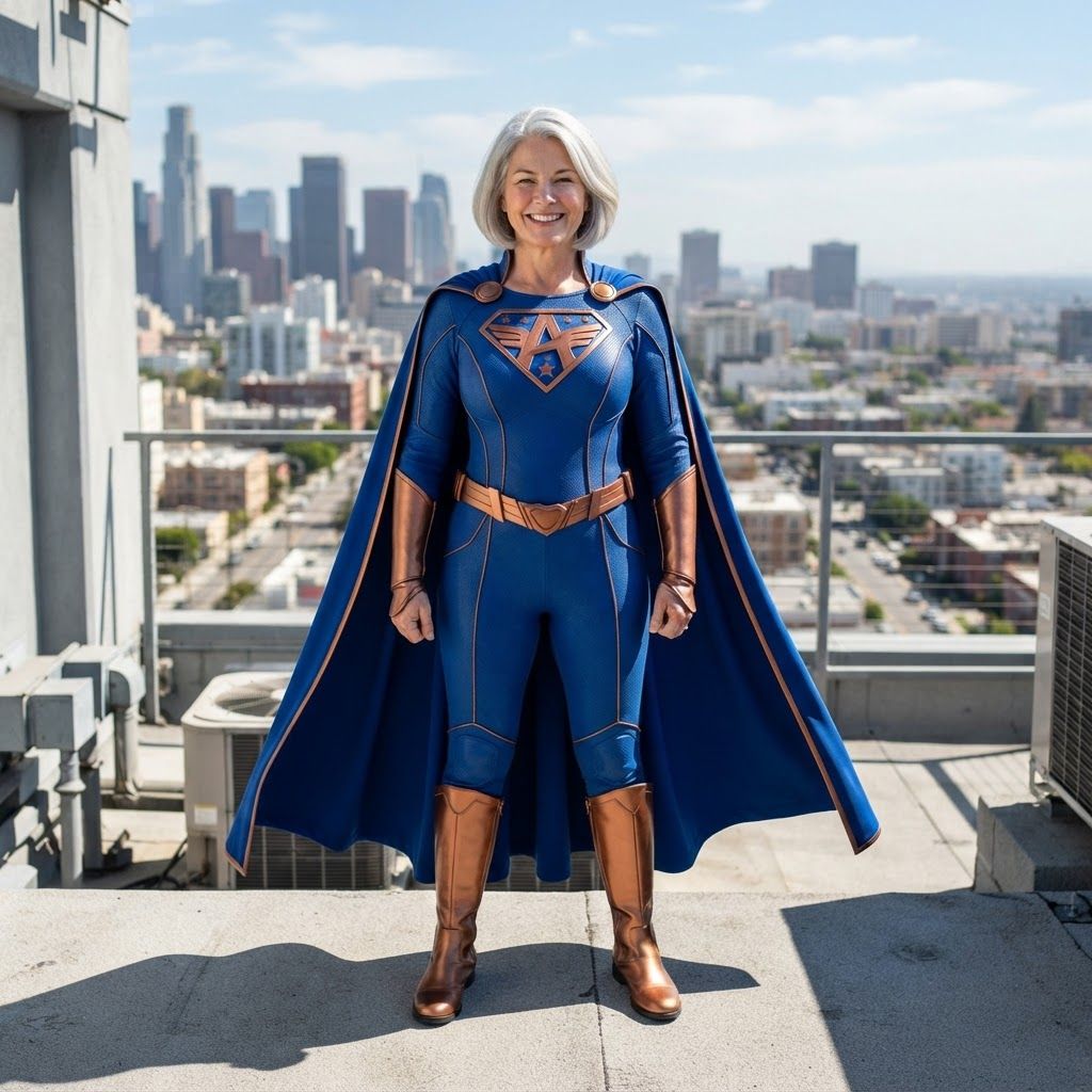 Comic-Book Superhero Above the City: Bright midday rooftop costume photo with hard architectural shadows and the city beyond.