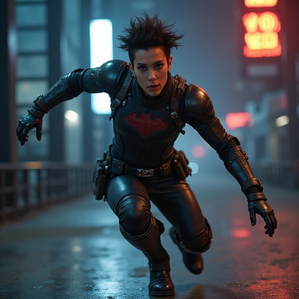AI-generated photo: Marvel character photo showcasing a figure clad in a battle-worn armor crafted from dark, matte-fini...