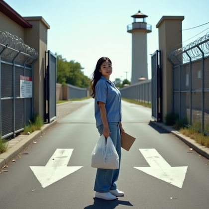 AI-generated photo: Photorealistic editorial-style portrait photograph shot just beyond the prison gate, with the person...