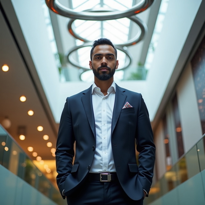 AI-generated photo: Professional headshot. Captured on an atrium landing beneath a skylight, where a kinetic mobile of b...