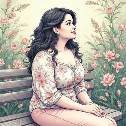 AI-generated photo: Photorealistic line art profile portrait in a tranquil garden setting, portraying a 35-year-old plus...