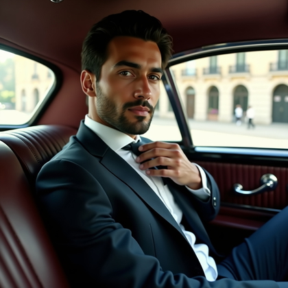 AI-generated photo: Photorealistic wedding head-and-shoulders portrait inside a classic car, window lowered so clean sid...