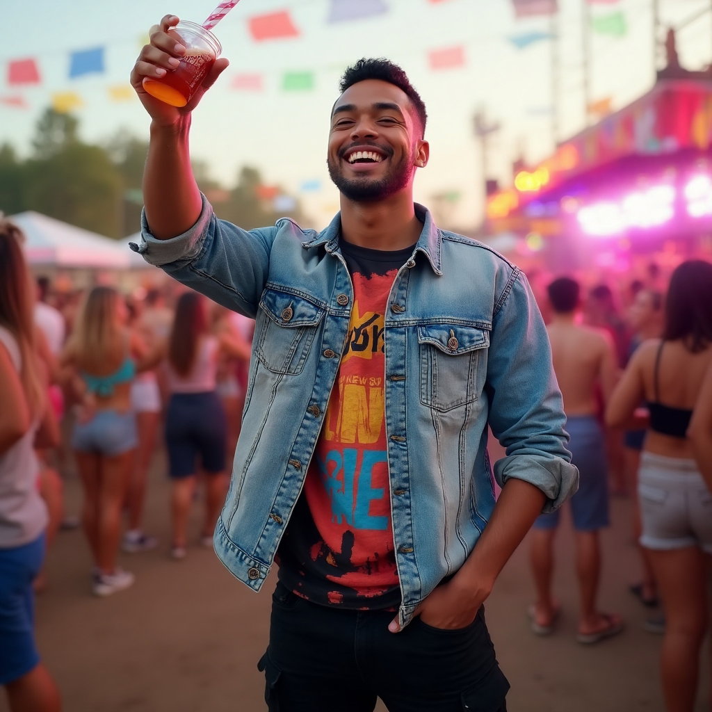 AI-generated photo: Tinder photo situated in a lively outdoor music festival, encapsulating a sense of freedom and joy. ...