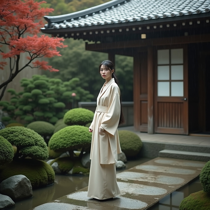AI-generated photo: Photorealistic fashion portrait photography. A silent portrait in a traditional Japanese courtyard g...