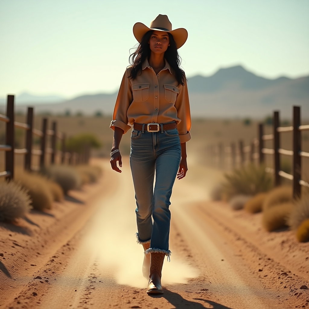 AI-generated photo: Photorealistic fashion photography. A confident cowboy-styled subject walks straight toward the came...