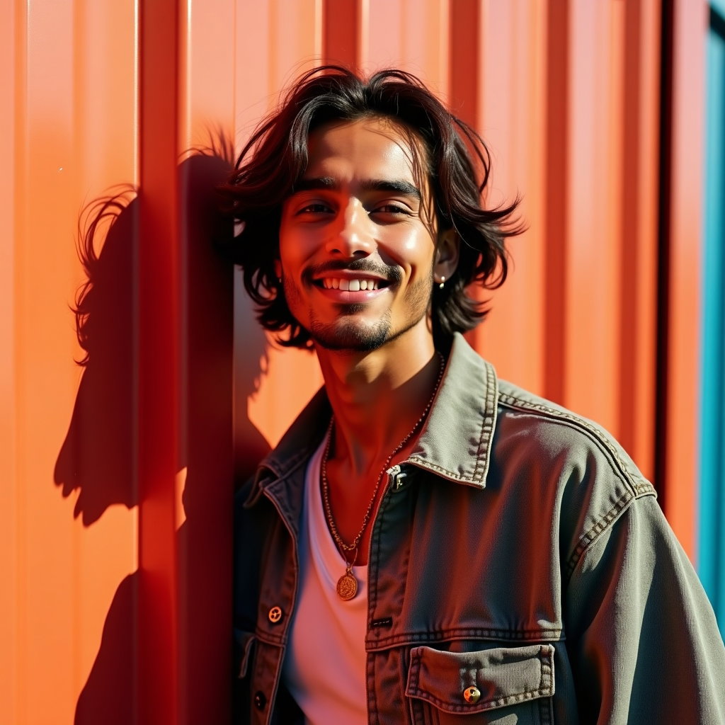 Clean Background Portrait That Doesn’t Get Lost example: Photorealistic festival portrait photography, environmental portrait beside a minimal backstage container wall painted i