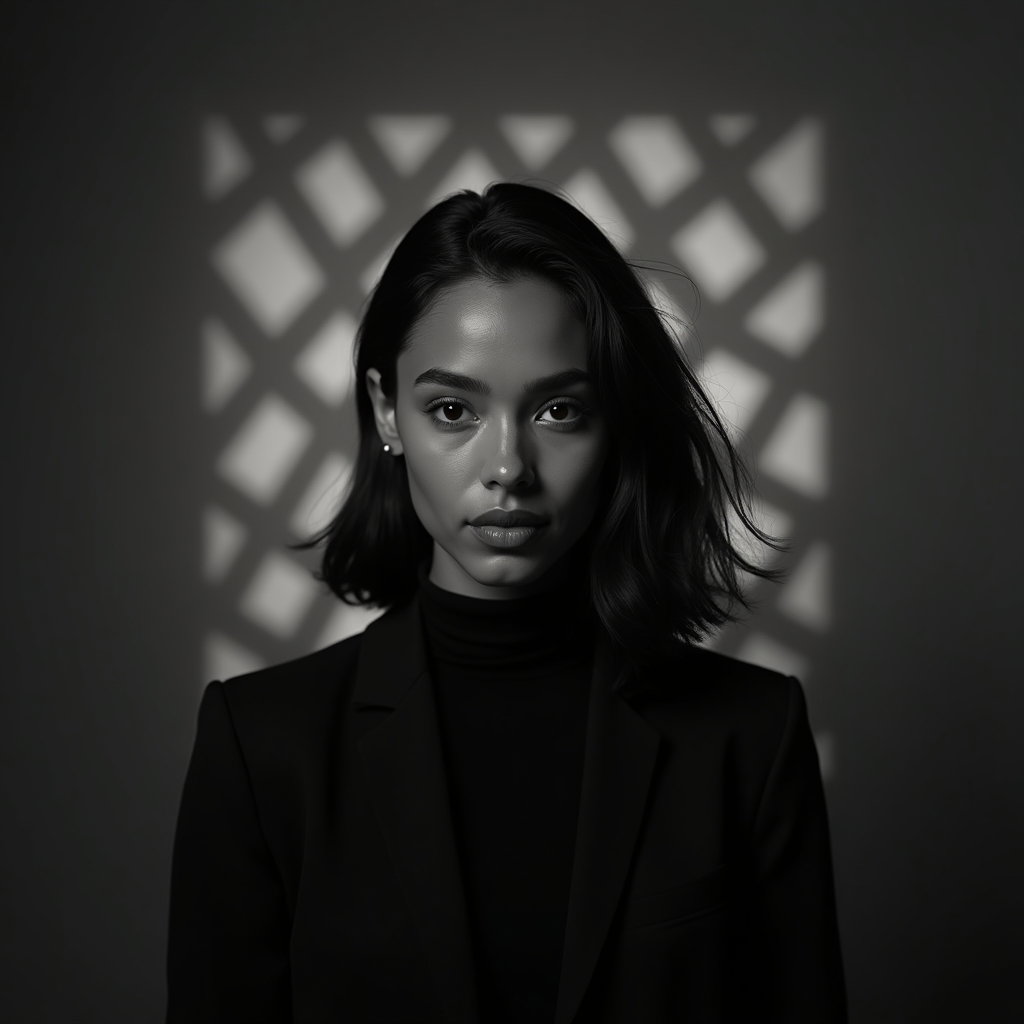 AI-generated photo: Photorealistic studio portrait featuring dual offset square-grid gobos to create a moiré of interloc...