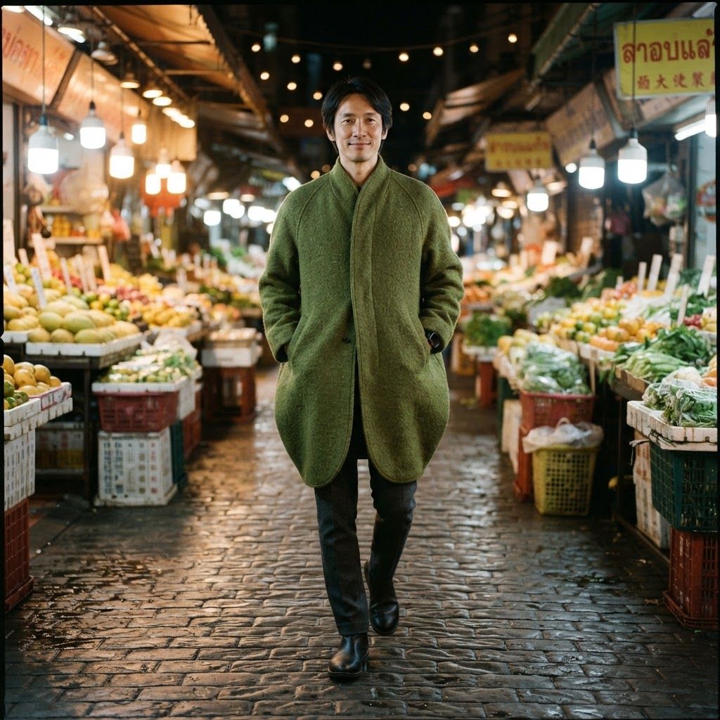 Cocoon Coat in a Night Market: Full-length personal fashion photo along a night-market aisle lined with illuminated produce stalls.