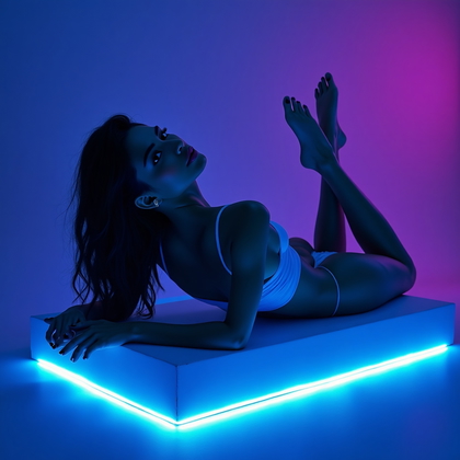 AI-generated photo: Photorealistic studio portrait. The subject is reclining on a low studio platform, shot from a sligh...