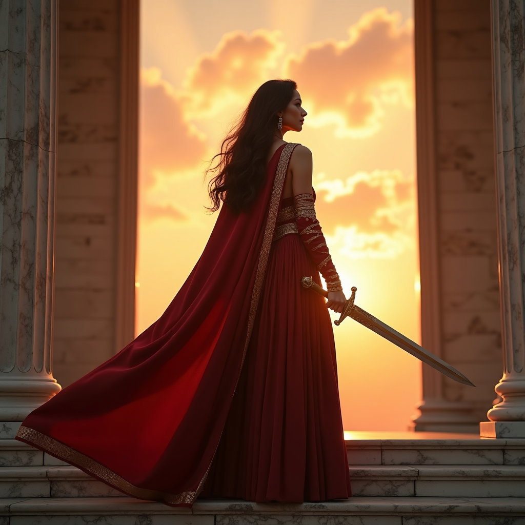 Solo Full-Body Temple Steps Hero Stance example: Cinematic fantasy portrait photo. An editorial hero image with the subject standing full-body at the top of the marble s