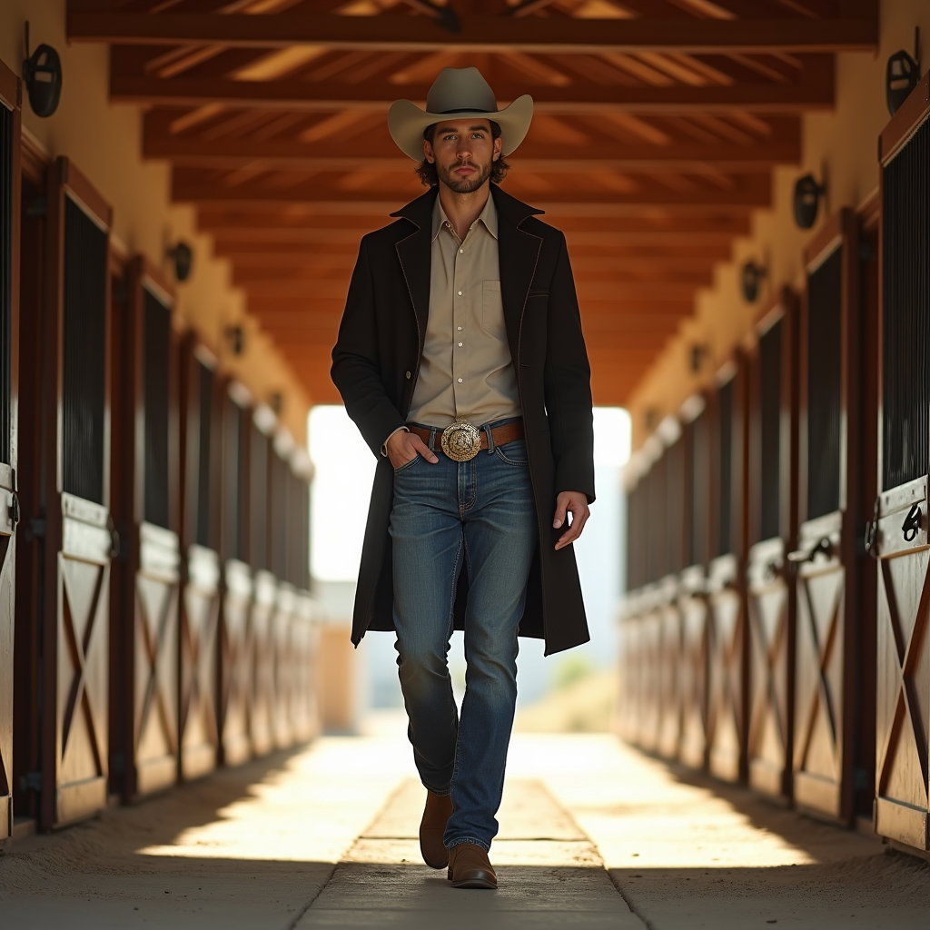 AI-generated photo: Photorealistic fashion photography. A fashion-forward cowboy subject walks toward the camera through...