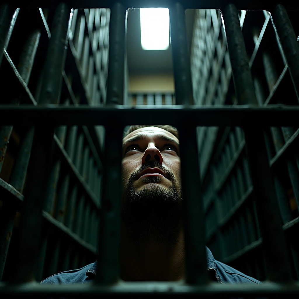 AI-generated photo: Photorealistic prison photography. The camera is set inside a cramped solitary confinement cell, ang...