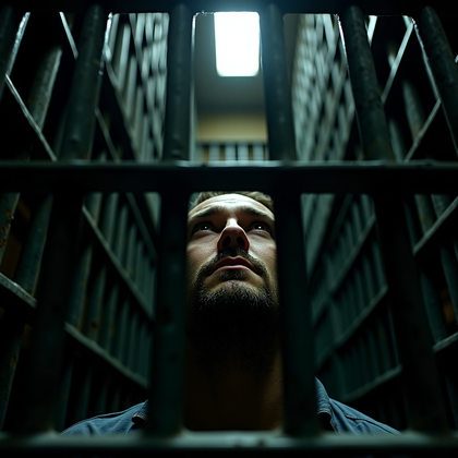 AI-generated photo: Photorealistic prison photography. The camera is set inside a cramped solitary confinement cell, ang...