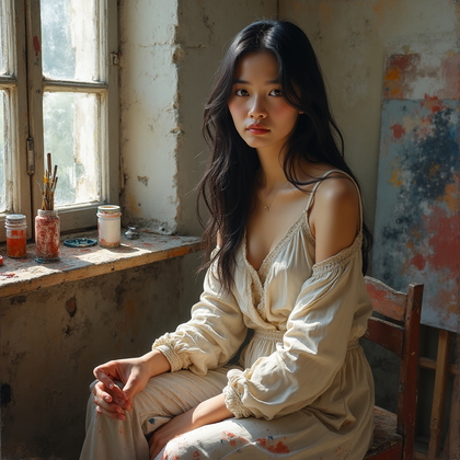 AI-generated photo: Renaissance oil painting. A poignant representation of a young artist in their workshop, captured in...