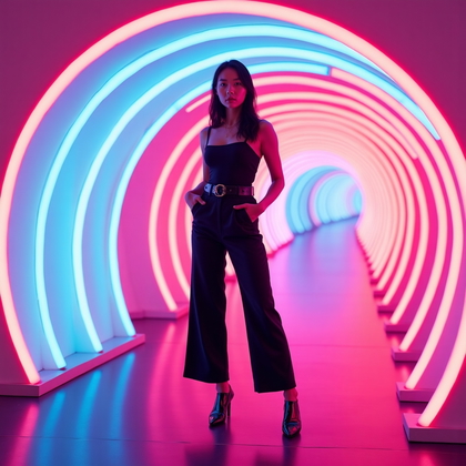 AI-generated photo: Photorealistic lifestyle fashion photograph inside a neon light tunnel installation with magenta and...