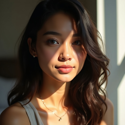 AI-generated photo: Photorealistic beauty portrait photograph, tight head-and-shoulders framing with the subject seated ...