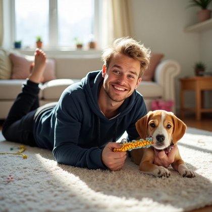 AI-generated photo: Pet-Friendly Portrait photo capturing a man in a sunlit liv…