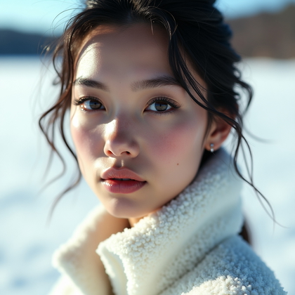 AI-generated photo: Photorealistic winter portrait photo on a frozen lake with an airy, minimalist backdrop and high-key...