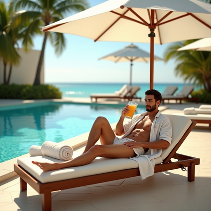 Photorealistic vacation fashion photo at a luxury poolside cabana, subject reclining on a teak lounge with a rolled towel supporting the lower back, wearing stylish swimwear under an open lightweight resort shirt. Bright midday light bounces off the water to create shimmering highlights on the face and shoulders, while a white canopy above diffuses shadows for a polished, high-end look. The frame includes geometric pool tiles, palm fronds, and a subtly blurred infinity edge merging into the horizon to signal upscale travel vibes. Pose with one knee raised and one hand resting near the hip, the other lifting a cold drink near the chin without obscuring the face; expression relaxed, inviting, and playful. Compose slightly wide to include environment, cropping just below the knees and keeping the background creamy for emphasis on the face and confident body language.