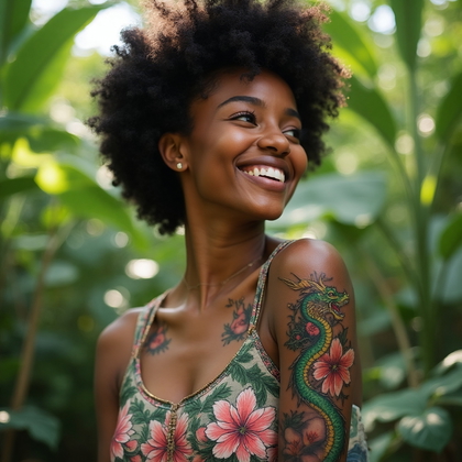 AI-generated photo: Photorealistic photography capturing a woman at a lush botanical garden, showcasing a bold and color...