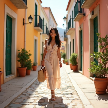 Old Town Alley Portraits With Pastel Walls and Stone Streets example: Photorealistic travel portrait photography, full-body vacation portrait on a gently curving cobblestone street lined wit