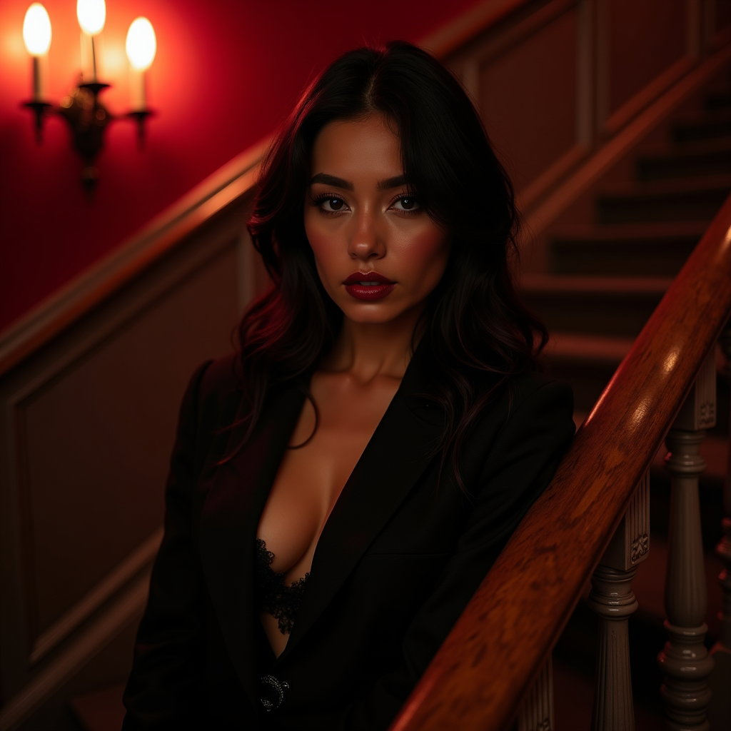 Regal Staircase Vampire Romance Portrait example: Cinematic gothic portrait photography. Profile/avatar crop on the staircase, framed from chest up beside an ornate raili