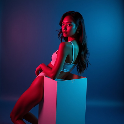 AI-generated photo: Photorealistic studio portrait. The subject is leaning casually against a studio apple box, posed in...